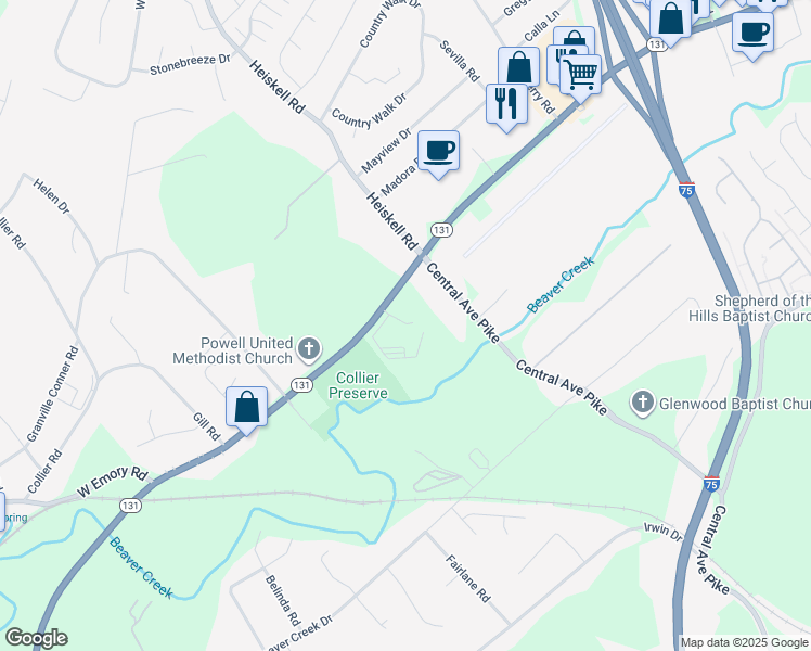 map of restaurants, bars, coffee shops, grocery stores, and more near 124 Tennessee 131 in Powell