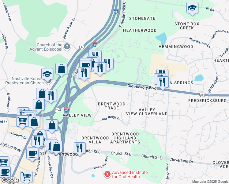 map of restaurants, bars, coffee shops, grocery stores, and more near 761 Old Hickory Boulevard in Brentwood