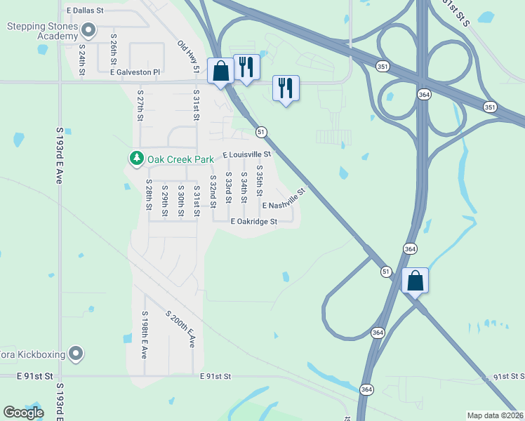map of restaurants, bars, coffee shops, grocery stores, and more near 1220 South 35th Street in Broken Arrow