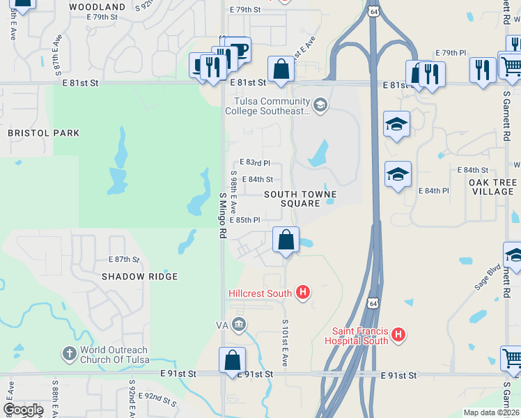 map of restaurants, bars, coffee shops, grocery stores, and more near 9826 East 85th Street in Tulsa