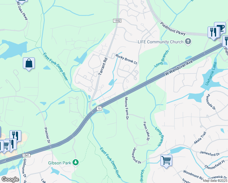 map of restaurants, bars, coffee shops, grocery stores, and more near 4301 River Rock Point in Greensboro
