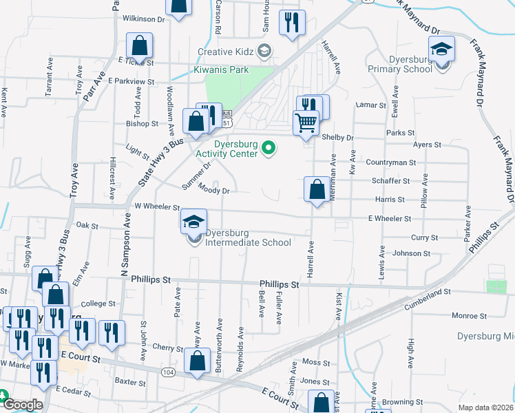 map of restaurants, bars, coffee shops, grocery stores, and more near 1018 W Wheeler St in Dyersburg