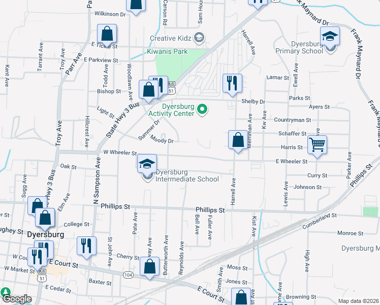 map of restaurants, bars, coffee shops, grocery stores, and more near 1018 West Wheeler Street in Dyersburg