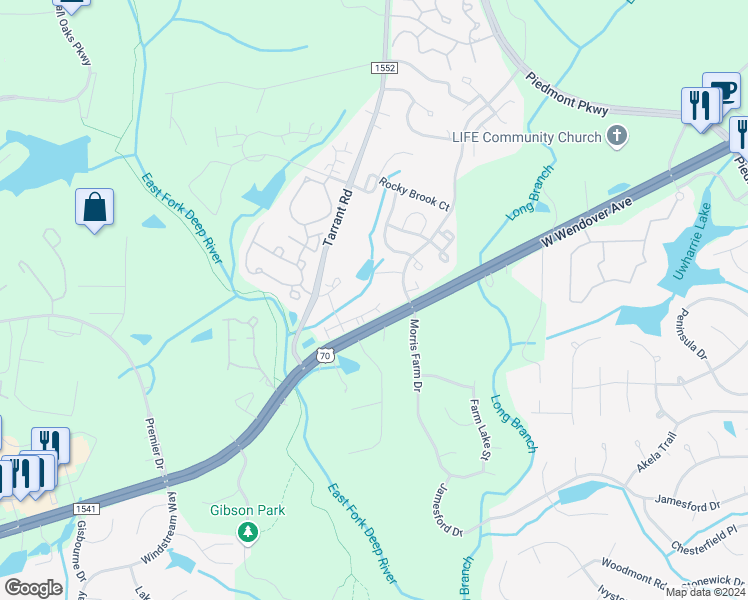 map of restaurants, bars, coffee shops, grocery stores, and more near 4345 Cedarcroft Court in Greensboro