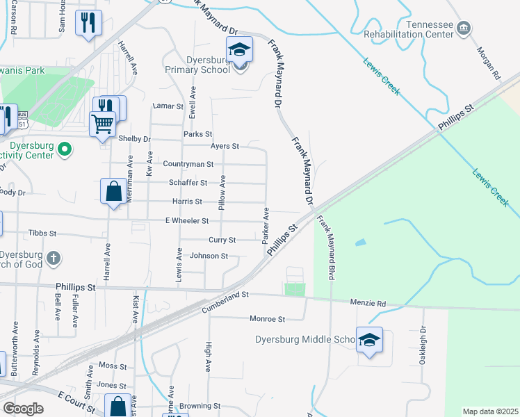 map of restaurants, bars, coffee shops, grocery stores, and more near 1842 Harris Street in Dyersburg