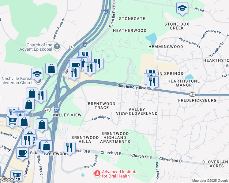 map of restaurants, bars, coffee shops, grocery stores, and more near 5808 Brentwood Trace in Brentwood