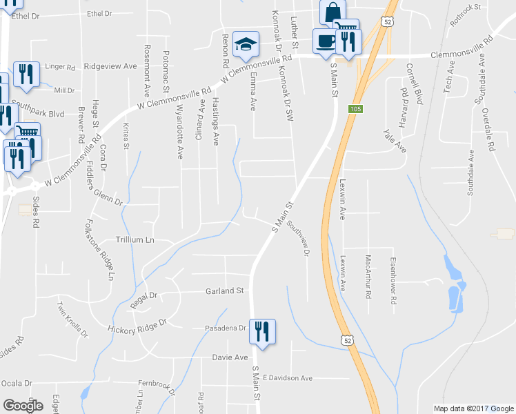 map of restaurants, bars, coffee shops, grocery stores, and more near Kona Drive in Winston-Salem