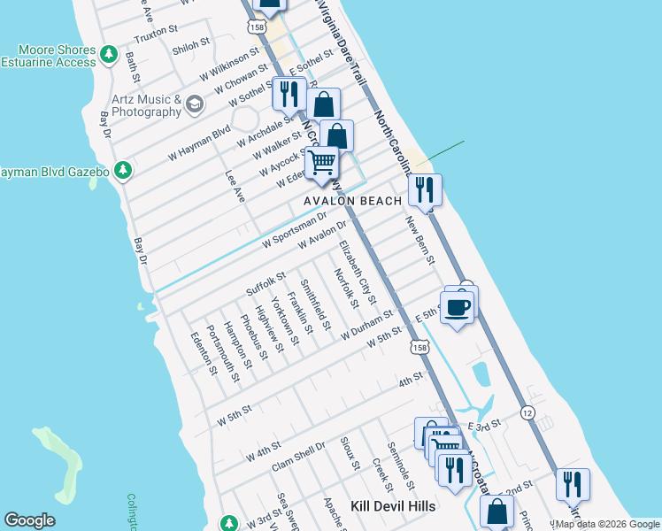 map of restaurants, bars, coffee shops, grocery stores, and more near 303 Suffolk Street in Kill Devil Hills