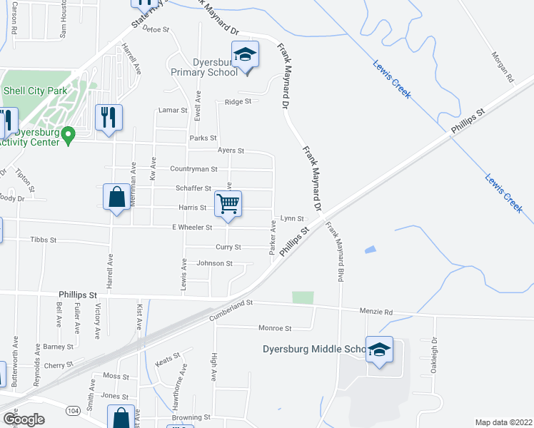 map of restaurants, bars, coffee shops, grocery stores, and more near 1849 Harris Street in Dyersburg