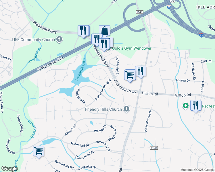 map of restaurants, bars, coffee shops, grocery stores, and more near 4705 Wellford Court in Jamestown