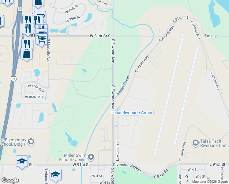 map of restaurants, bars, coffee shops, grocery stores, and more near 8423 South Elwood Avenue in Tulsa