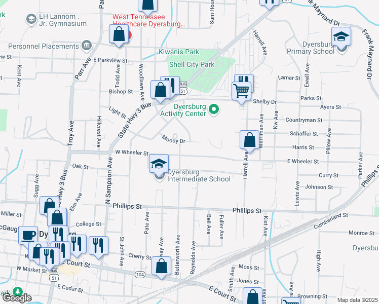 map of restaurants, bars, coffee shops, grocery stores, and more near 916 West Wheeler Street in Dyersburg