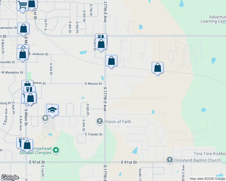 map of restaurants, bars, coffee shops, grocery stores, and more near 1201 South 9th Street in Broken Arrow