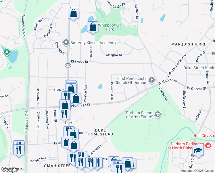 map of restaurants, bars, coffee shops, grocery stores, and more near 2511 Pinewood Drive in Durham