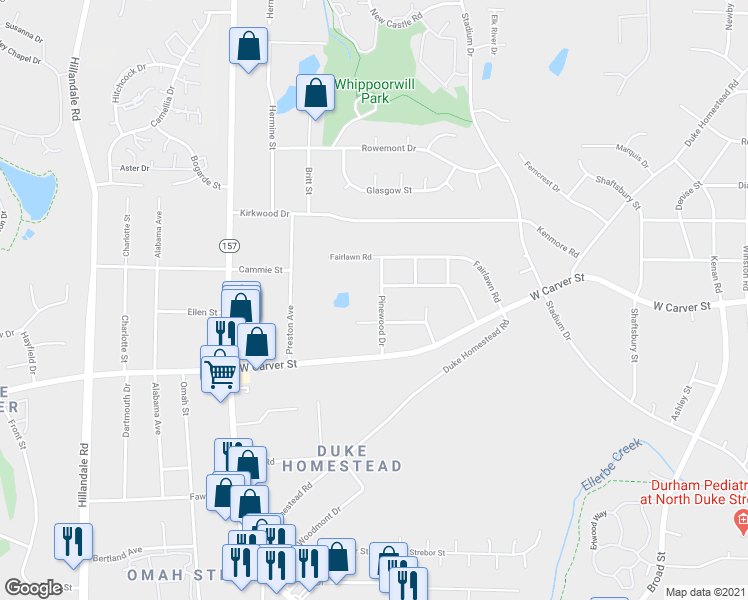 map of restaurants, bars, coffee shops, grocery stores, and more near 2511 Pinewood Drive in Durham