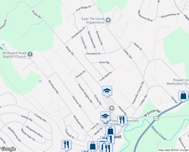 map of restaurants, bars, coffee shops, grocery stores, and more near 8020 Sharp Road in Powell