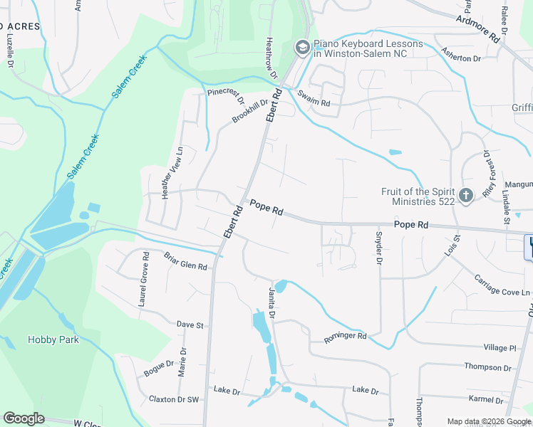 map of restaurants, bars, coffee shops, grocery stores, and more near 2033 Pope Road in Winston-Salem