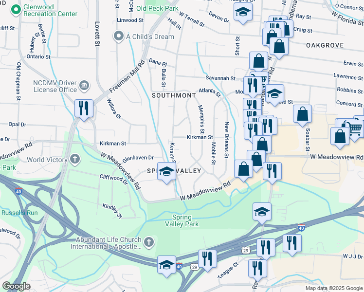 map of restaurants, bars, coffee shops, grocery stores, and more near 2402 Kersey Court in Greensboro