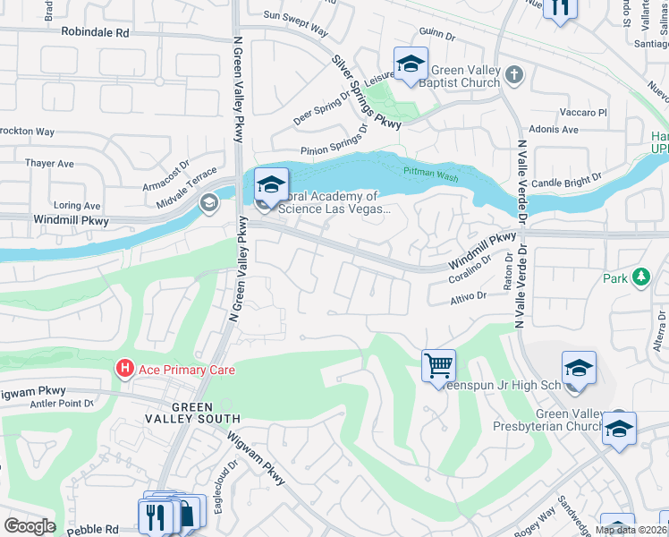 map of restaurants, bars, coffee shops, grocery stores, and more near 196 Webster Way in Henderson