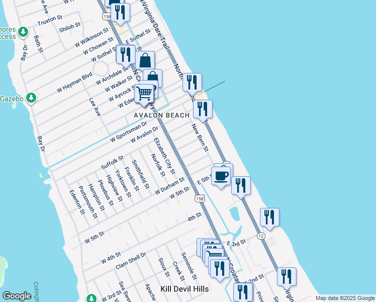 map of restaurants, bars, coffee shops, grocery stores, and more near 116 Greensboro Street in Kill Devil Hills