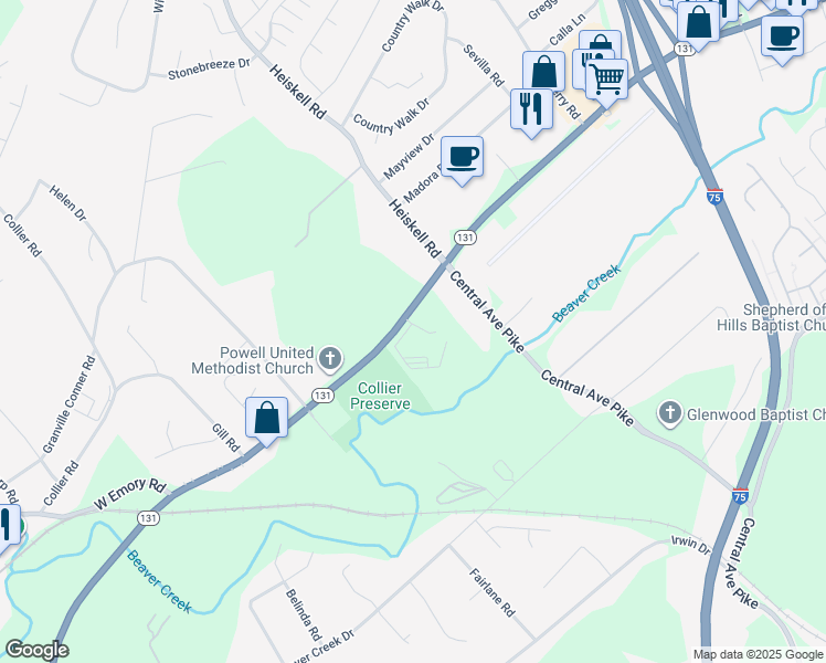 map of restaurants, bars, coffee shops, grocery stores, and more near 124 Tennessee 131 in Powell