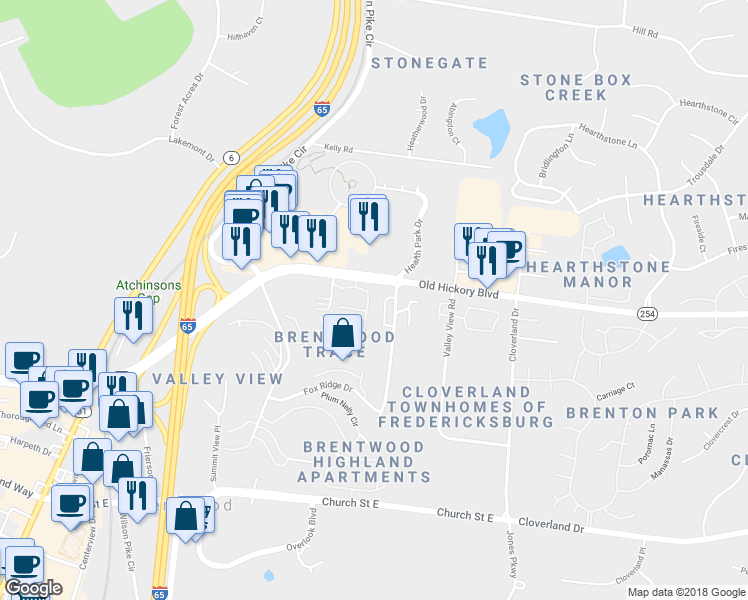 map of restaurants, bars, coffee shops, grocery stores, and more near 5711 Brentwood Trace in Brentwood