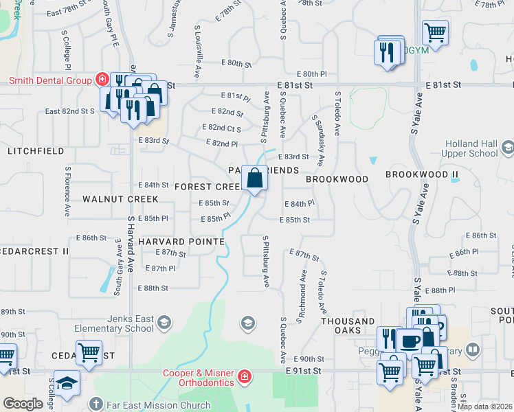 map of restaurants, bars, coffee shops, grocery stores, and more near 4020 East 84th Street in Tulsa