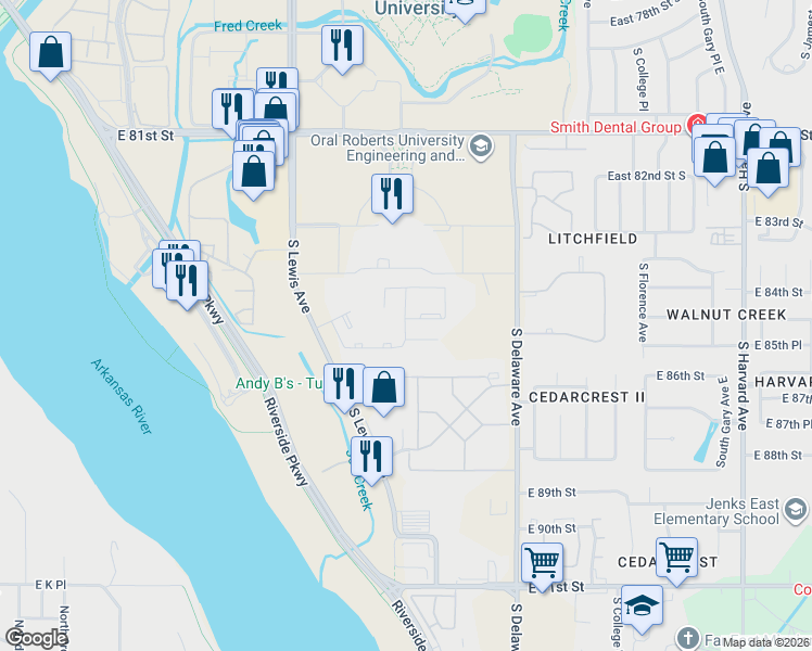 map of restaurants, bars, coffee shops, grocery stores, and more near 8555 South Lewis Avenue in Tulsa