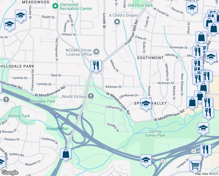 map of restaurants, bars, coffee shops, grocery stores, and more near 1321 Kirkman Street in Greensboro