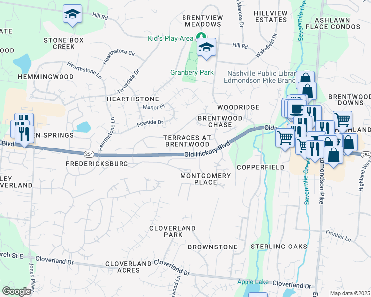 map of restaurants, bars, coffee shops, grocery stores, and more near 505 Old Towne Drive in Brentwood