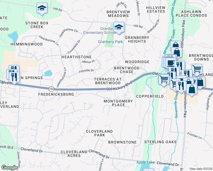 map of restaurants, bars, coffee shops, grocery stores, and more near 507 Old Towne Drive in Brentwood