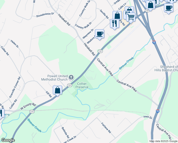 map of restaurants, bars, coffee shops, grocery stores, and more near 124 Tennessee 131 in Powell