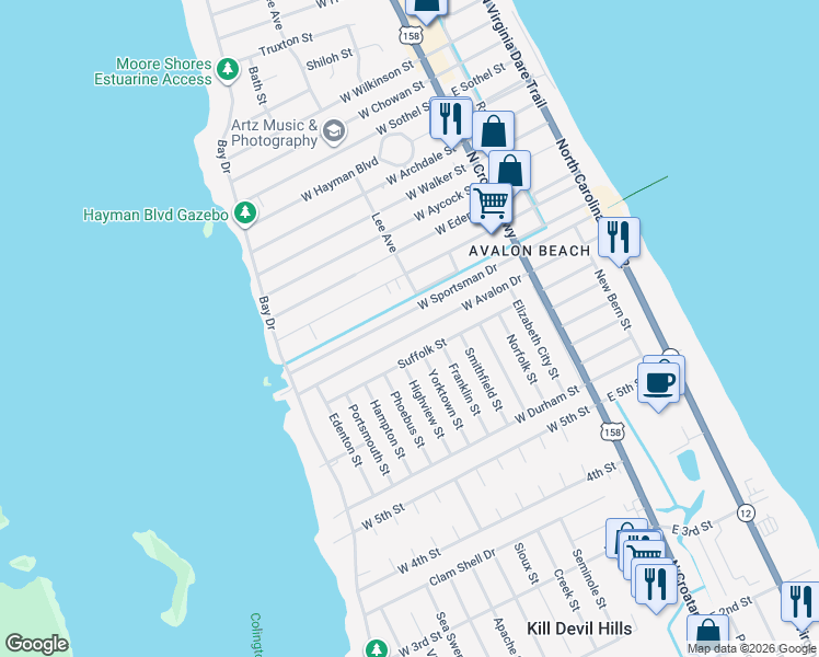 map of restaurants, bars, coffee shops, grocery stores, and more near 603 West Sportsman Drive in Kill Devil Hills