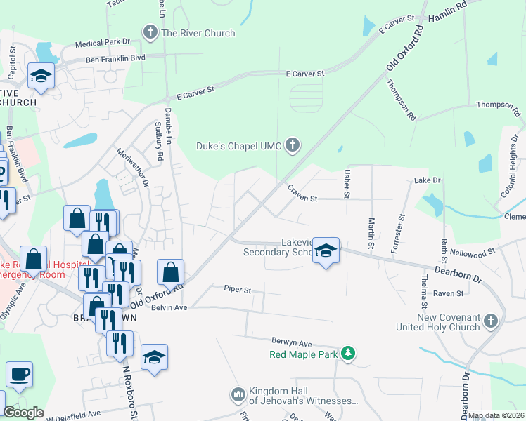 map of restaurants, bars, coffee shops, grocery stores, and more near 700 Old Oxford Road in Durham