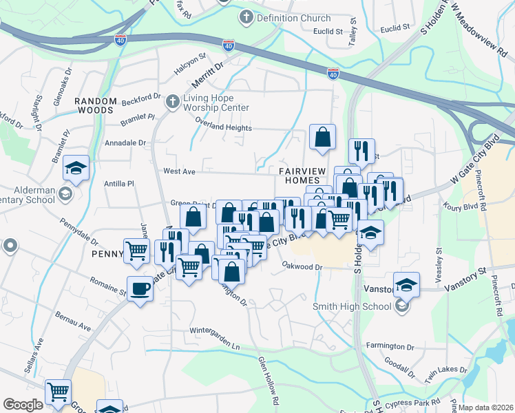 map of restaurants, bars, coffee shops, grocery stores, and more near 3820 Green Point Drive in Greensboro