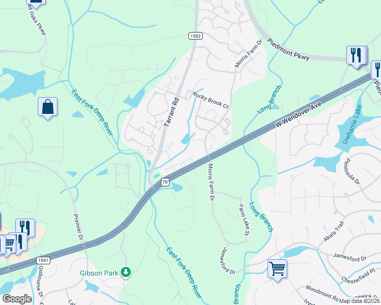 map of restaurants, bars, coffee shops, grocery stores, and more near 4301 River Rock Point in Greensboro