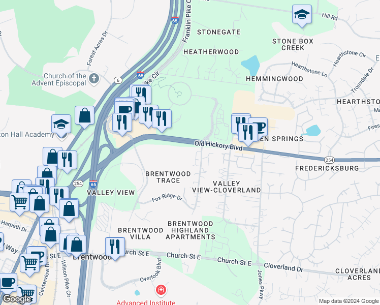 map of restaurants, bars, coffee shops, grocery stores, and more near 5807 Brentwood Trace in Brentwood