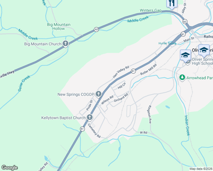 map of restaurants, bars, coffee shops, grocery stores, and more near 678 Hen Valley Road in Oliver Springs
