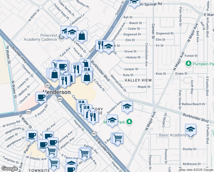 map of restaurants, bars, coffee shops, grocery stores, and more near 161 Almond Ridge Place in Henderson