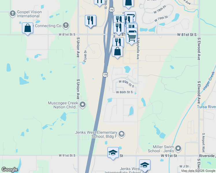 map of restaurants, bars, coffee shops, grocery stores, and more near 1236 West 85th Court South in Tulsa
