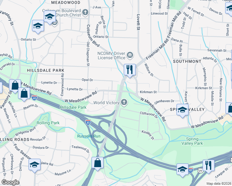 map of restaurants, bars, coffee shops, grocery stores, and more near 1311 West Meadowview Road in Greensboro