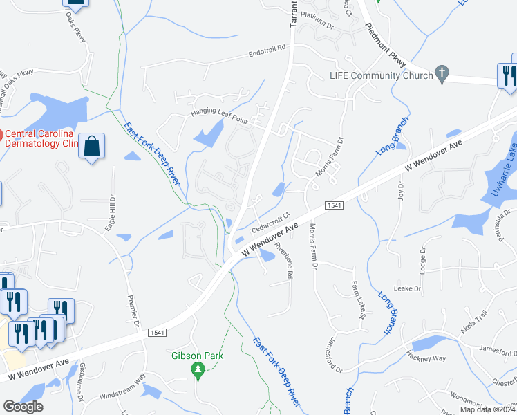 map of restaurants, bars, coffee shops, grocery stores, and more near 4302 Timberbrooke Drive in Jamestown