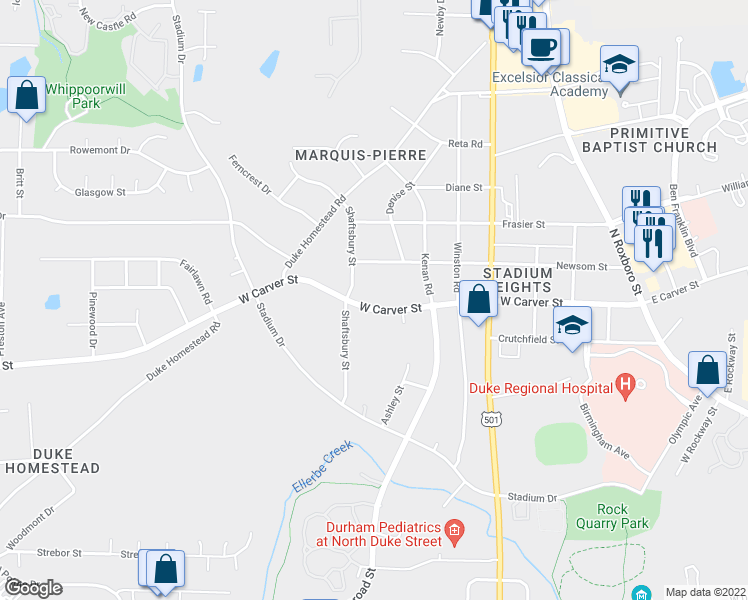 map of restaurants, bars, coffee shops, grocery stores, and more near 716 West Carver Street in Durham
