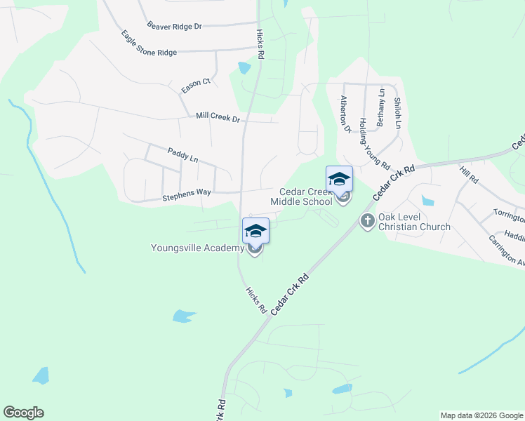 map of restaurants, bars, coffee shops, grocery stores, and more near 2042 Wiggins Village Drive in Youngsville