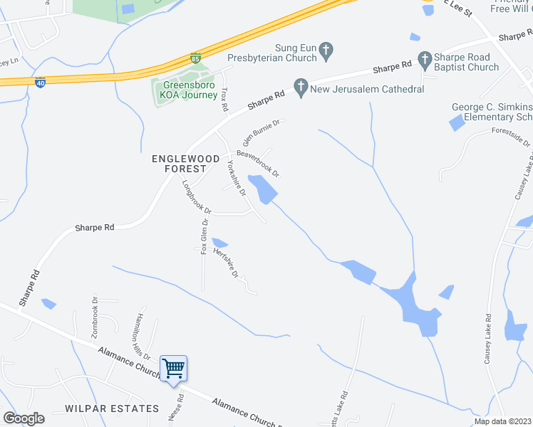 map of restaurants, bars, coffee shops, grocery stores, and more near 2303 Yorkshire Drive in Greensboro