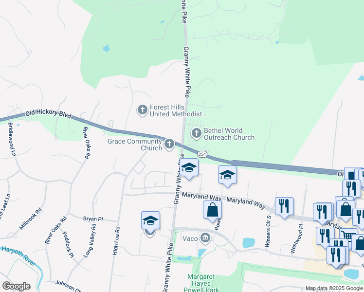 map of restaurants, bars, coffee shops, grocery stores, and more near Old Hickory Blvd & Granny White Pike in Nashville