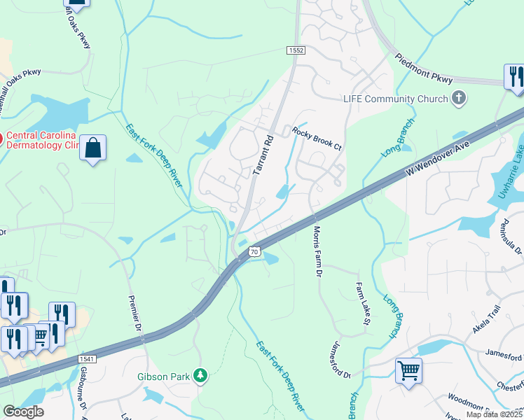 map of restaurants, bars, coffee shops, grocery stores, and more near 4302 Timberbrooke Drive in Jamestown