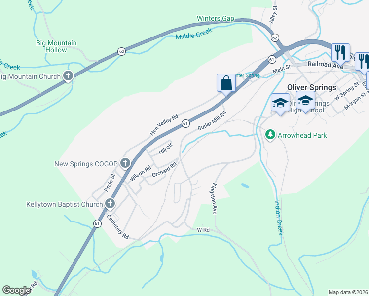 map of restaurants, bars, coffee shops, grocery stores, and more near 644 Butler Mill Road in Oliver Springs