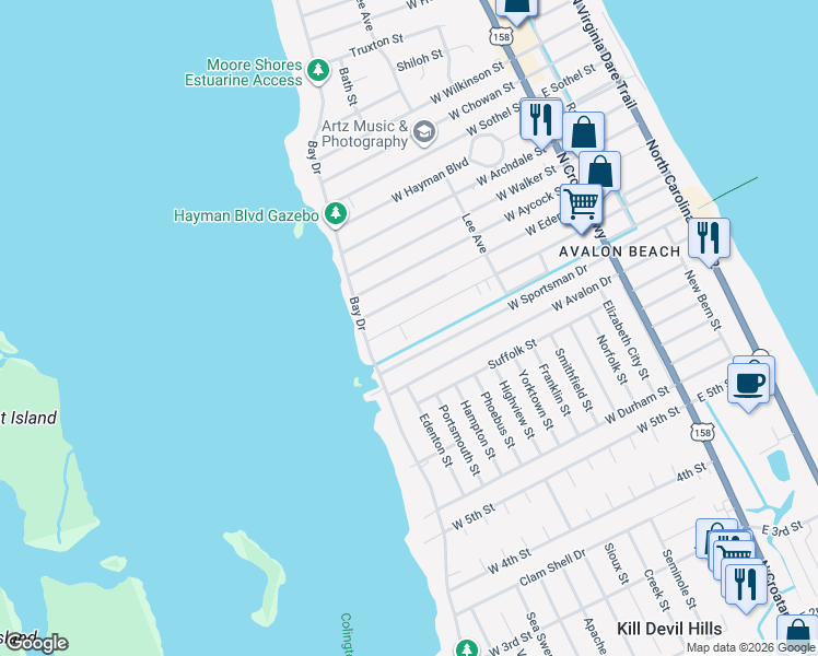 map of restaurants, bars, coffee shops, grocery stores, and more near 906 W Sportsman Dr in Kill Devil Hills