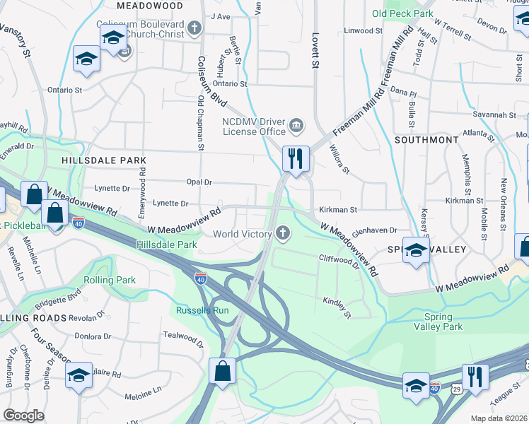 map of restaurants, bars, coffee shops, grocery stores, and more near 1311 West Meadowview Road in Greensboro
